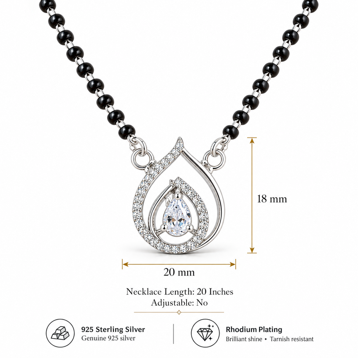 925 Sterling Silver CZ Teardrop Mangalsutra Necklace Elegant Black Bead Pendant