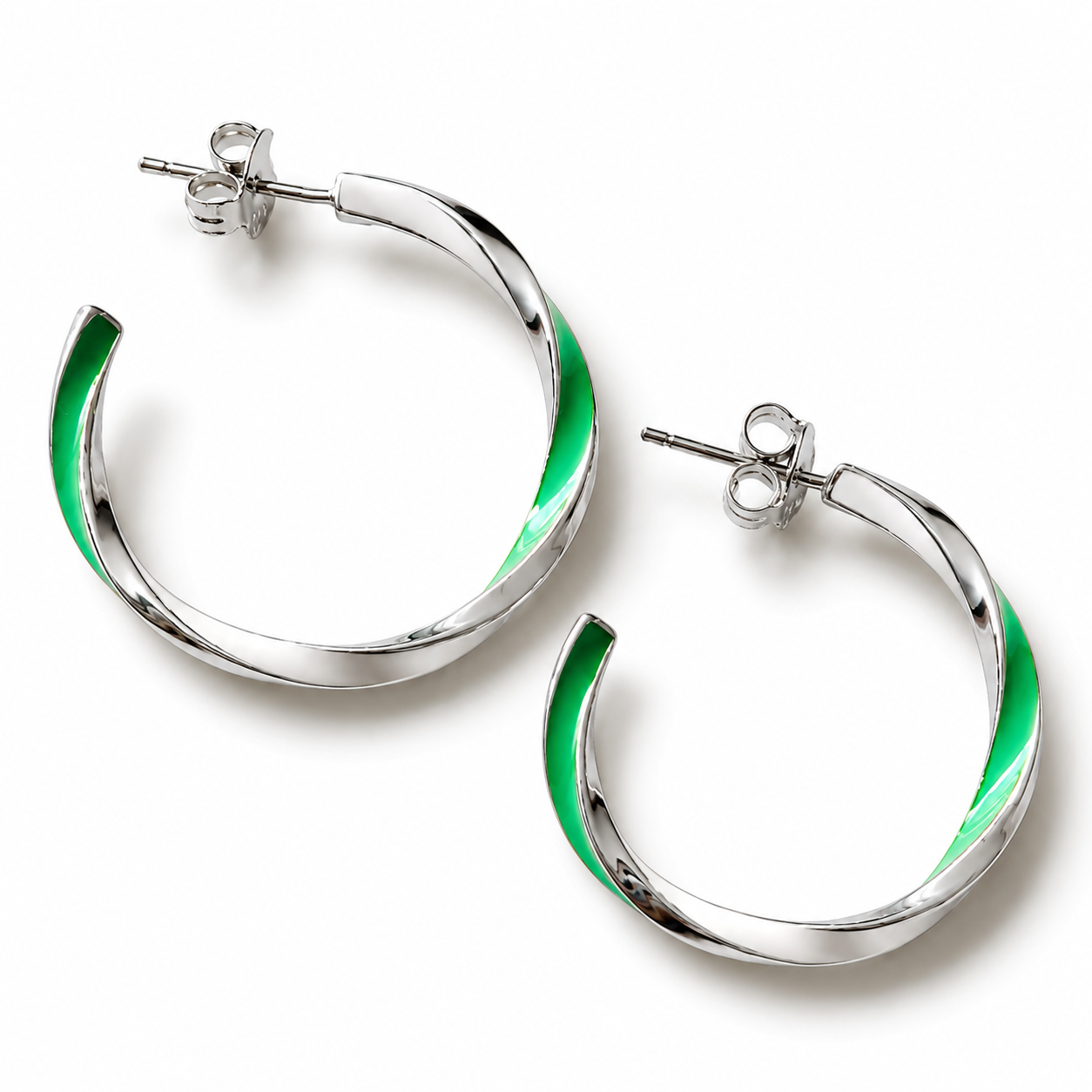 925 Sterling Silver Green Enamel Hoop Earrings for Women | Minimalist Lightweight Everyday Hoops