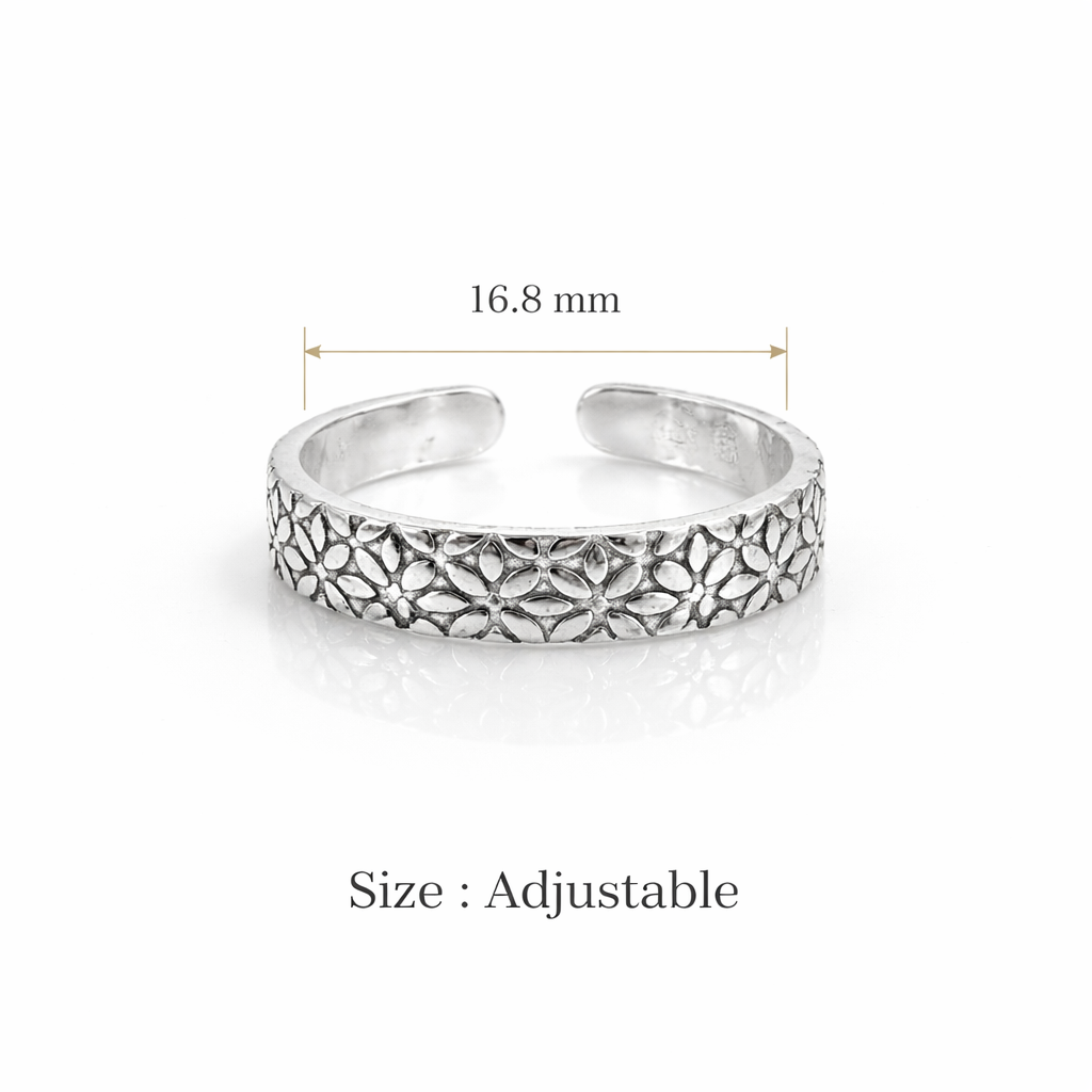 Oxidized Sterling Silver Floral Toe Rings for Women – Adjustable Vintage Flower Pattern Boho Foot Jewelry - Arshia Creations