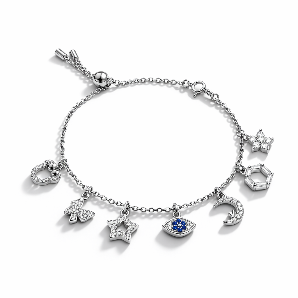 Silver Multi-Charm – Adjustable Star, Moon & Clover Charm Bracelet with Blue CZ Stones - Arshia Creations