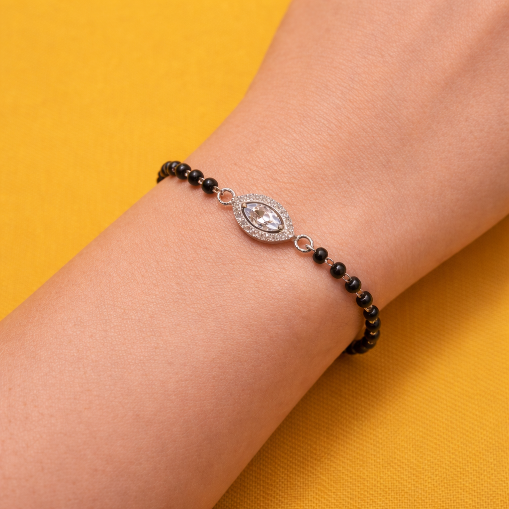 Sterling Silver Adjustable Mangalsutra Bracelet with CZ Stone | Black Beaded - Arshia Creations
