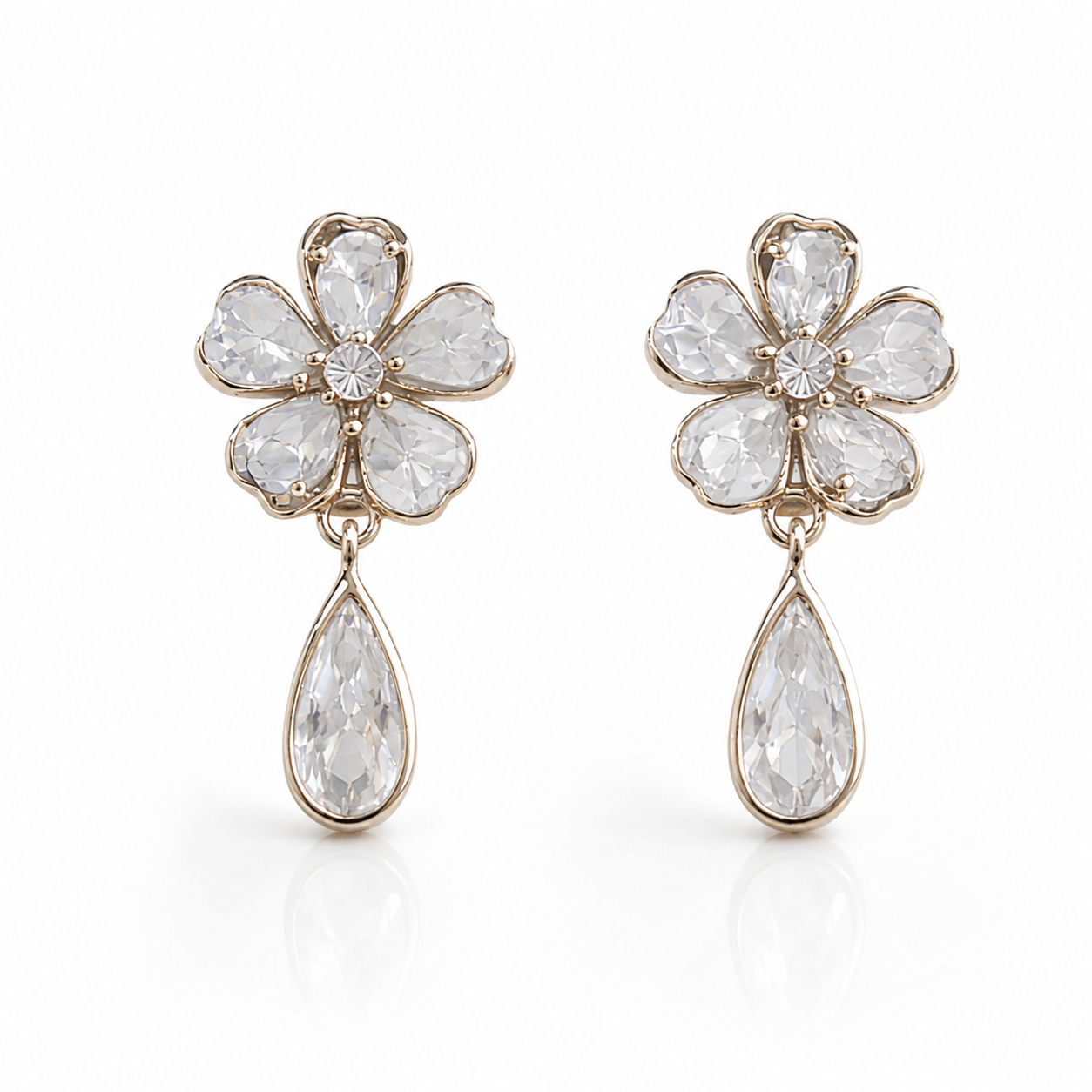 Floral Crystal Drop Earrings for Women | Elegant Gold Tone Flower Dangle Earrings | Statement Wedding Party Jewelry