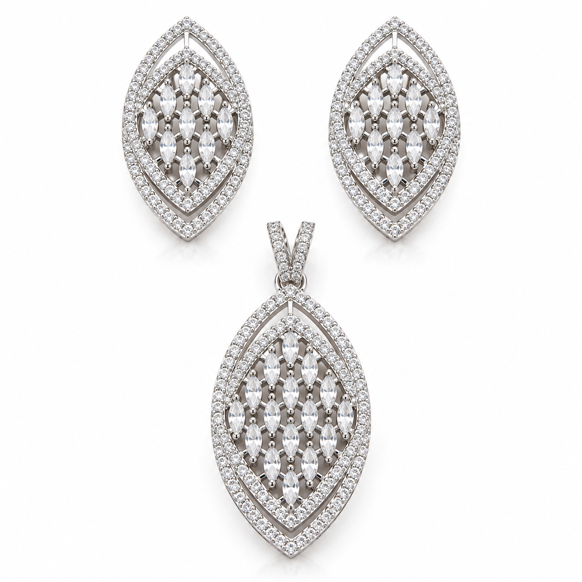 Elegant Silver Finish Leaf Design Pendant & Earrings Set with CZ Stones