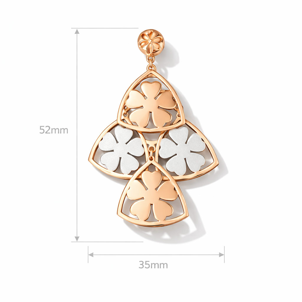 Dual Tone Floral Clover Drop – Rose Gold & Silver Statement Earrings | Elegant Lightweight Design
