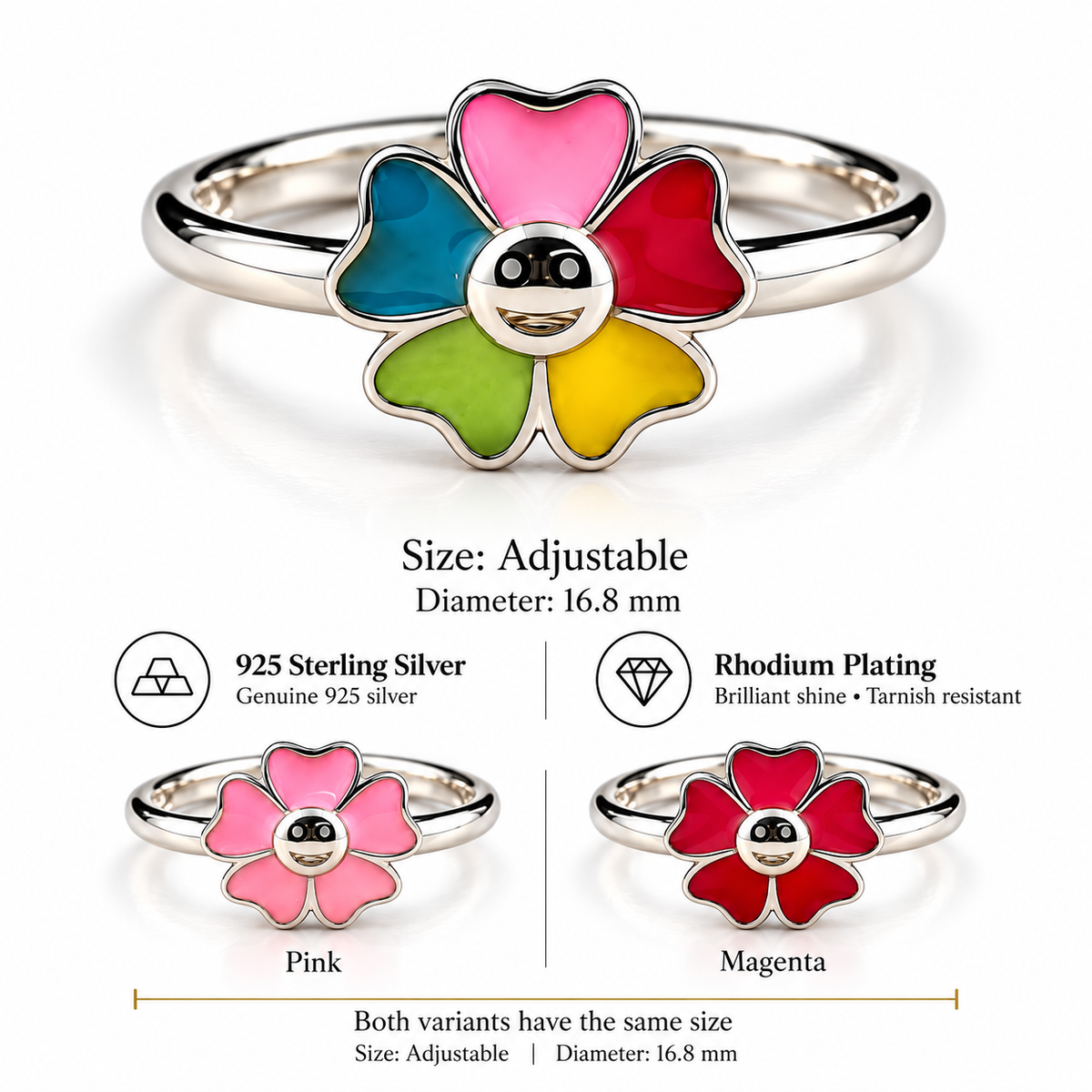 Sterling Silver Adjustable Floral Enamel Toe Ring Cute Smiley Design - Multi Color