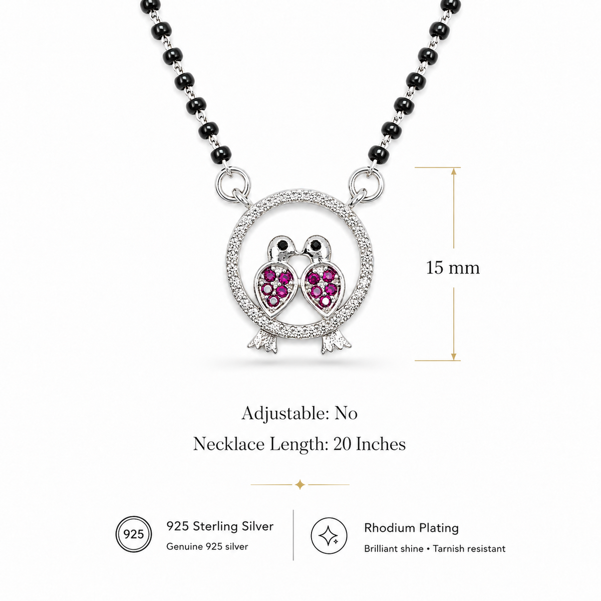 Sterling Silver Black Beaded Mangalsutra Necklace with Pink CZ Owl Pendant for Women
