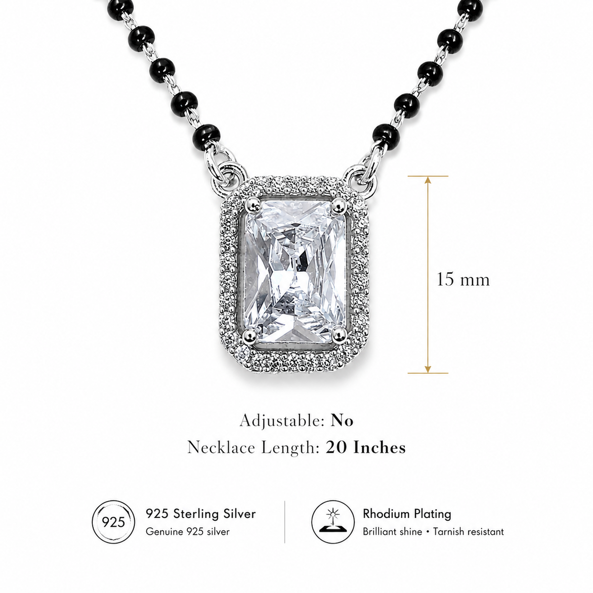 Sterling Silver Emerald Cut CZ Black Beaded Mangalsutra Necklace for Women