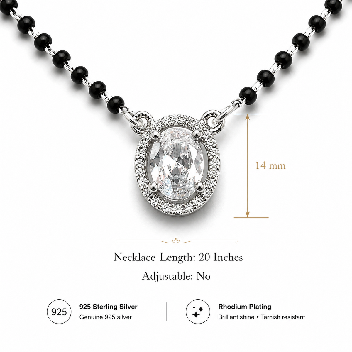 Sterling Silver Oval Halo CZ Mangalsutra Necklace | Black Beaded Chain