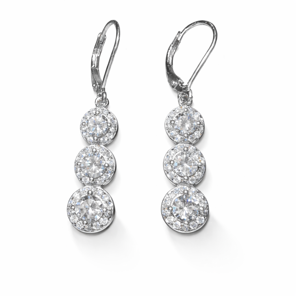 925 Sterling Silver Elegant Triple Halo Drop Earrings for Women
