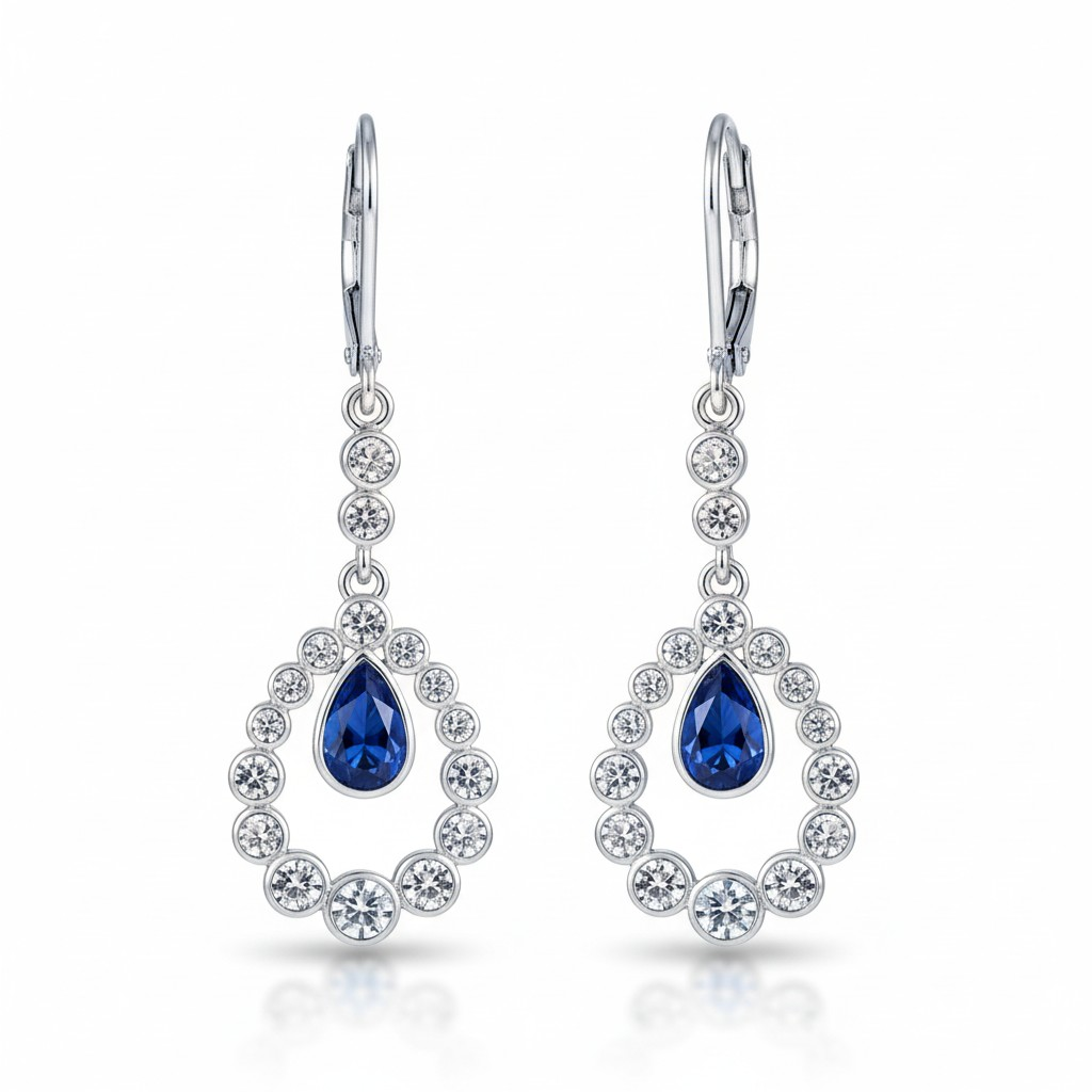 925 Sterling Silver Blue Pear Drop Halo Dangle Earrings for Women - Arshia Creations