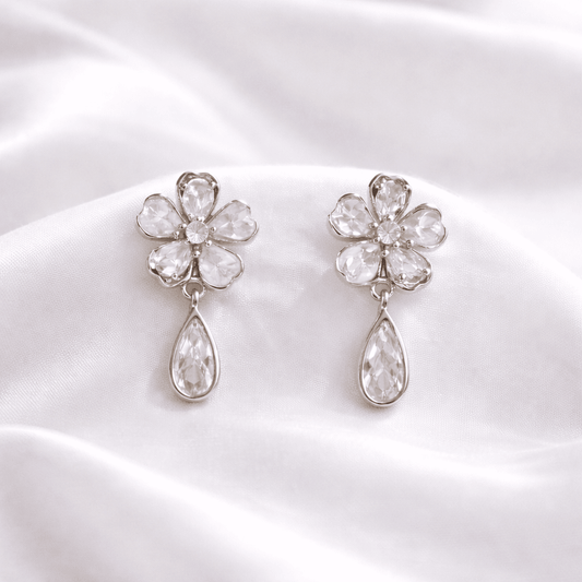 925 Sterling Silver Elegant Flower Teardrop Dangle Earrings - Arshia Creations