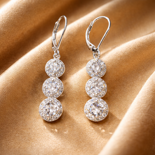 925 Sterling Silver Elegant Triple Halo Drop Earrings for Women - Arshia Creations
