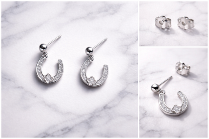 925 Sterling Silver Horseshoe Dangle Earrings with Cubic Zirconia - Arshia Creations
