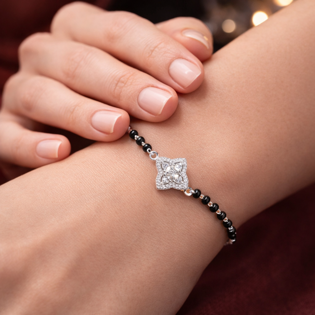 925 Sterling Silver Mangalsutra Bracelet with Sparkling Floral CZ - Arshia Creations