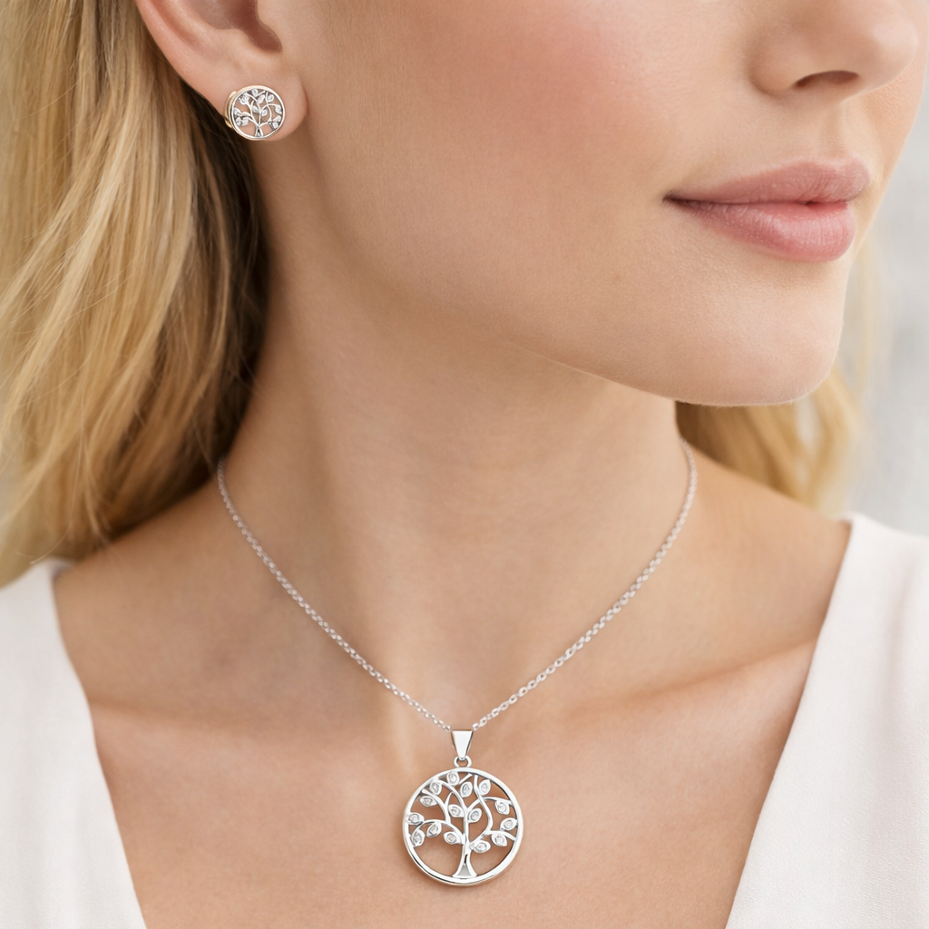 925 Sterling Silver Tree of Life Pendant with Earrings - Arshia Creations