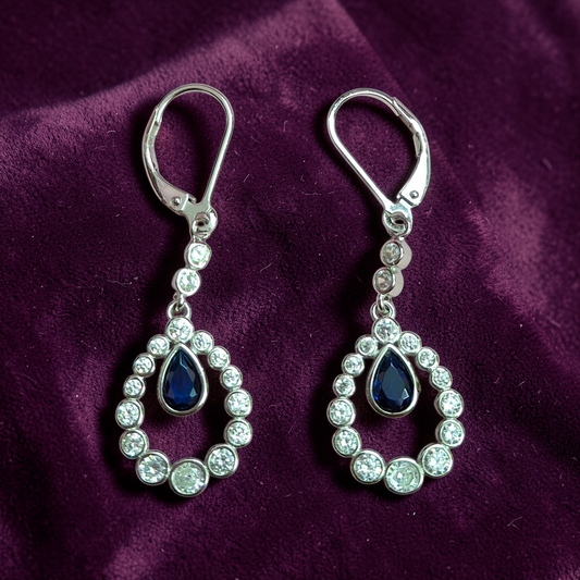 925 Sterling Silver Blue Pear Drop Halo Dangle Earrings for Women