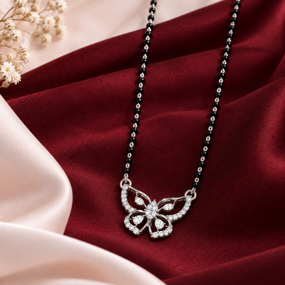 925 Sterling Silver Butterfly Mangalsutra with CZ Stones Elegant Black Bead Necklace