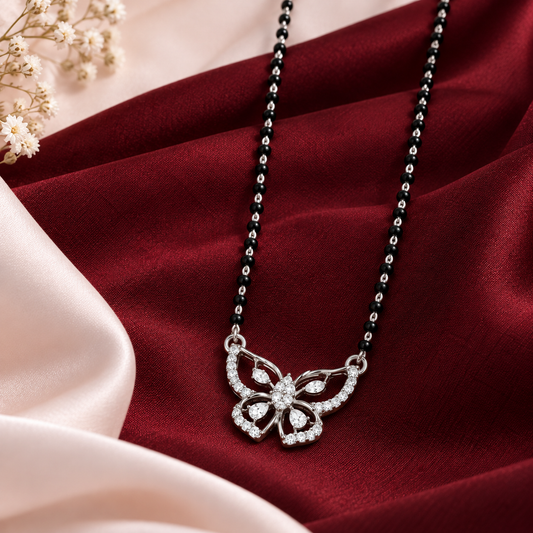 925 Sterling Silver Butterfly Mangalsutra with CZ Stones Elegant Black Bead Necklace