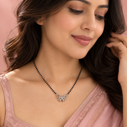 925 Sterling Silver Butterfly Mangalsutra with CZ Stones Elegant Black Bead Necklace