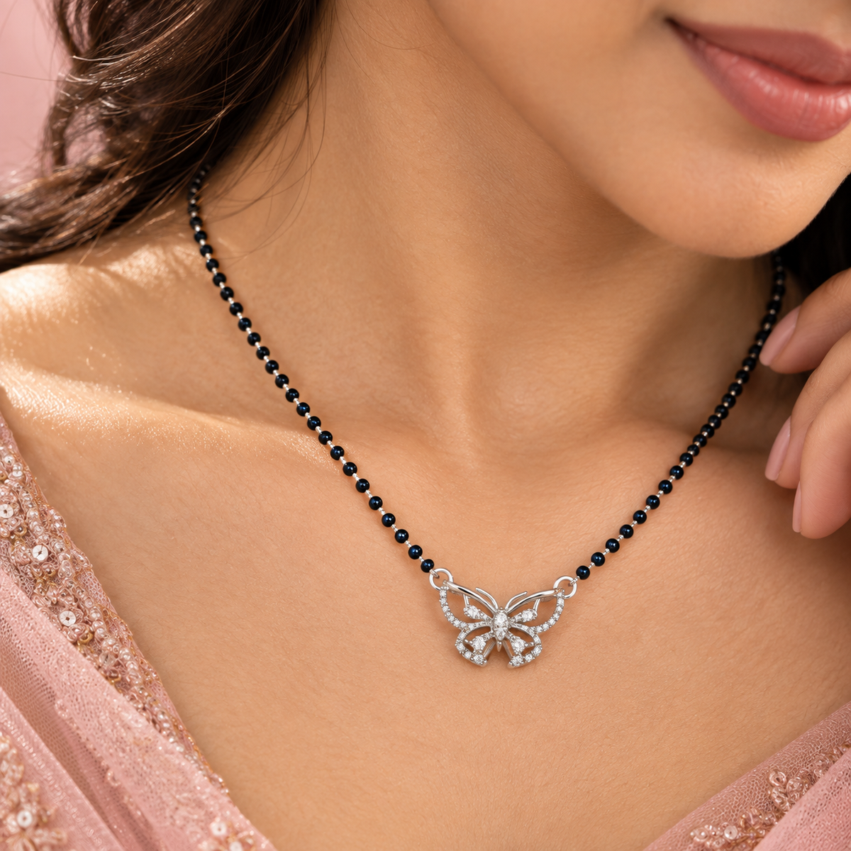925 Sterling Silver Butterfly Mangalsutra with CZ Stones Elegant Black Bead Necklace