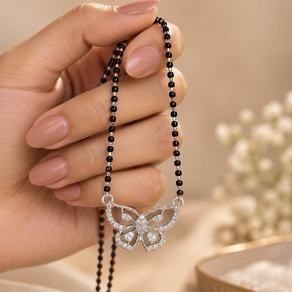 925 Sterling Silver Butterfly Mangalsutra with CZ Stones Elegant Black Bead Necklace