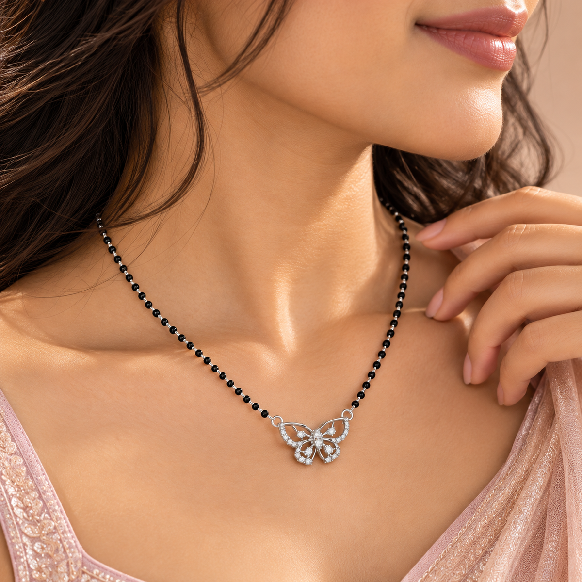 925 Sterling Silver Butterfly Mangalsutra with CZ Stones Elegant Black Bead Necklace