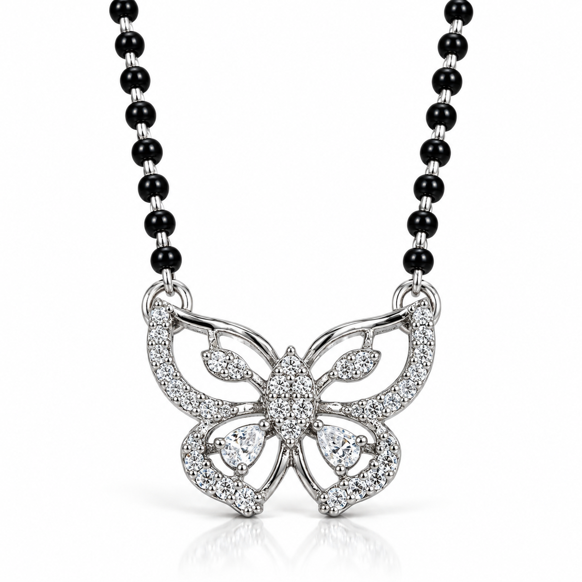 925 Sterling Silver Butterfly Mangalsutra with CZ Stones Elegant Black Bead Necklace