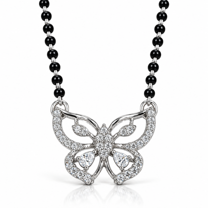 925 Sterling Silver Butterfly Mangalsutra with CZ Stones Elegant Black Bead Necklace