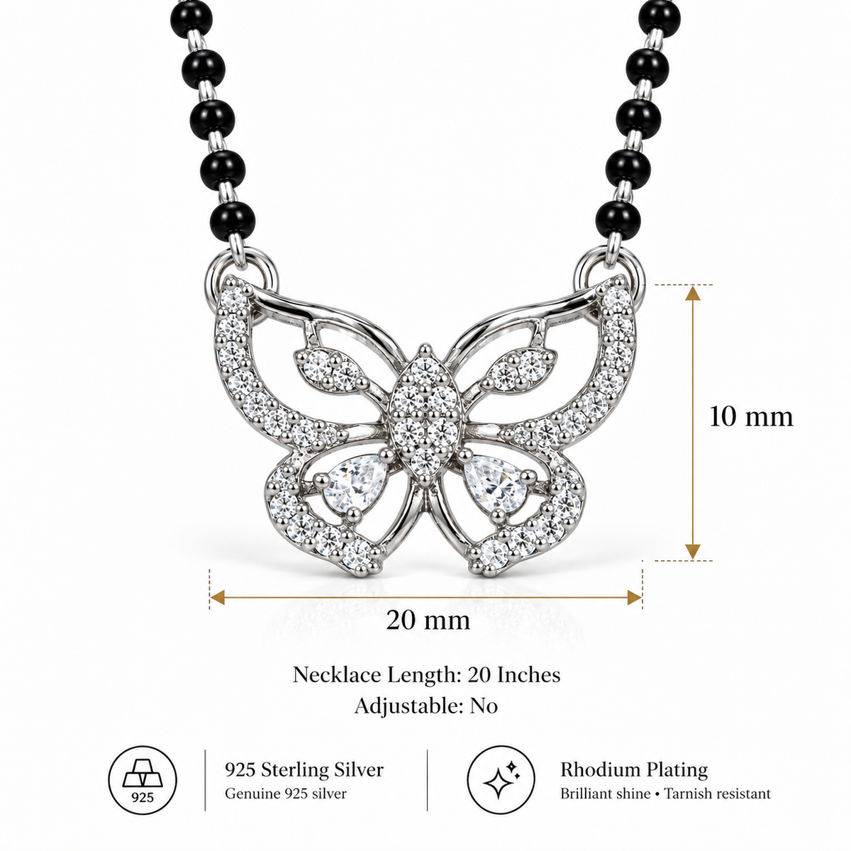 925 Sterling Silver Butterfly Mangalsutra with CZ Stones Elegant Black Bead Necklace
