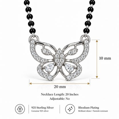 925 Sterling Silver Butterfly Mangalsutra with CZ Stones Elegant Black Bead Necklace