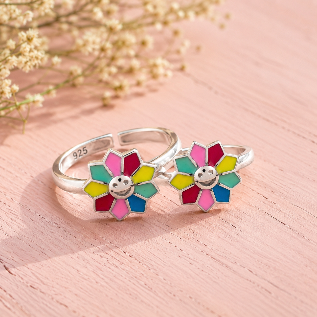 925 Sterling Silver Colorful Smiley Flower Enamel Adjustable Toe Rings for Women