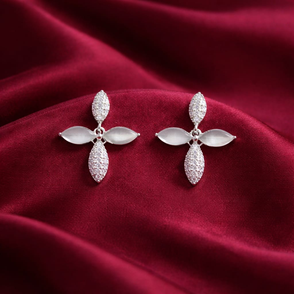 925 Sterling Silver Cross Floral Hanging Earrings with CZ Stone