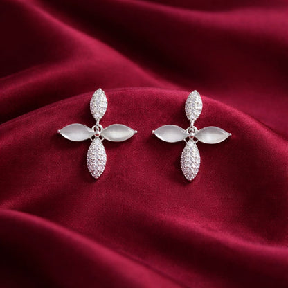 925 Sterling Silver Cross Floral Hanging Earrings with CZ Stone