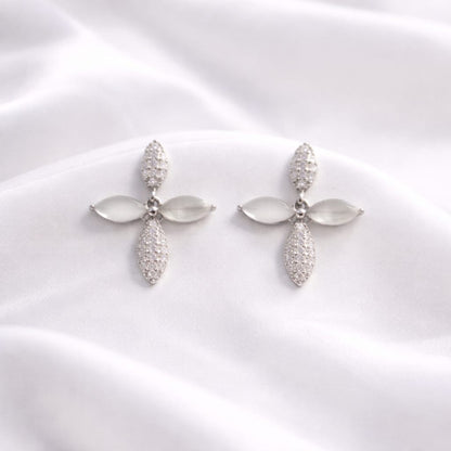 925 Sterling Silver Cross Floral Hanging Earrings with CZ Stone