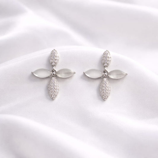 925 Sterling Silver Cross Floral Hanging Earrings with CZ Stone