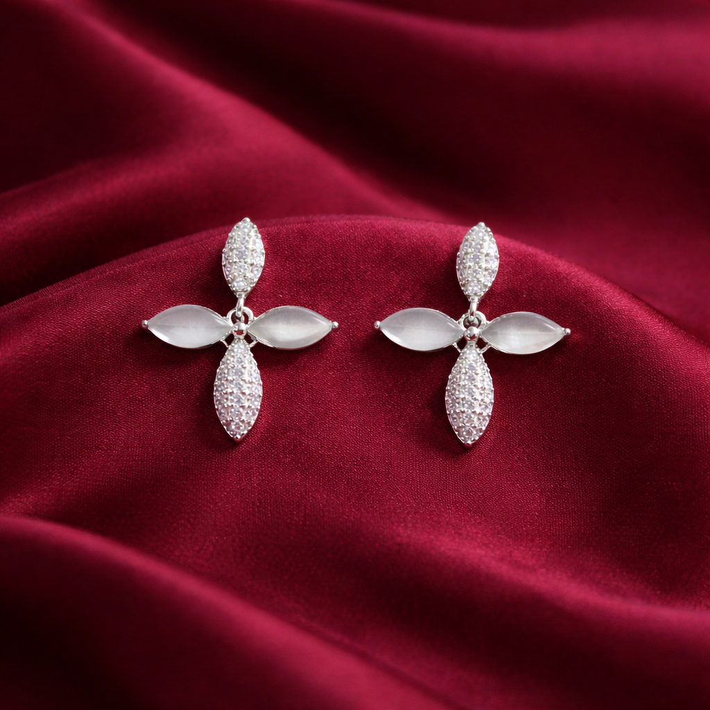 925 Sterling Silver Moonstone Floral Drop Earrings for Women | CZ Studded Elegant Designer Earrings
