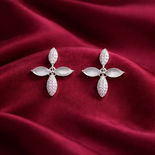 925 Sterling Silver Moonstone Floral Drop Earrings for Women | CZ Studded Elegant Designer Earrings