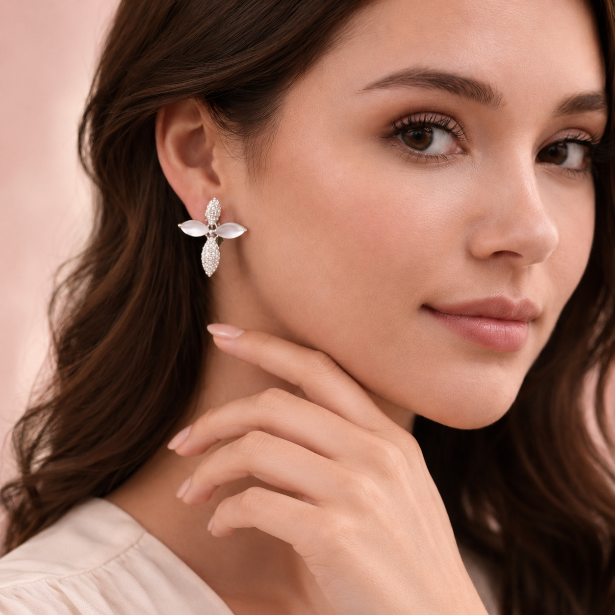 925 Sterling Silver Moonstone Floral Drop Earrings for Women | CZ Studded Elegant Designer Earrings