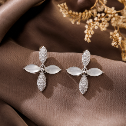 925 Sterling Silver Moonstone Floral Drop Earrings for Women | CZ Studded Elegant Designer Earrings