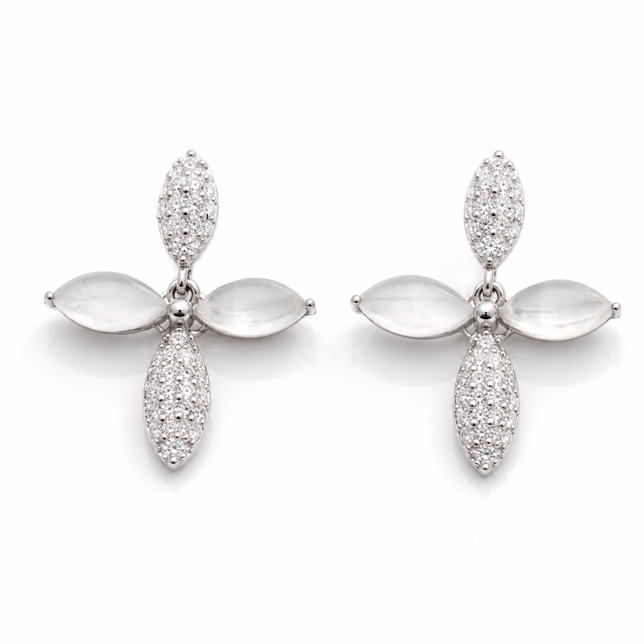 925 Sterling Silver Moonstone Floral Drop Earrings for Women | CZ Studded Elegant Designer Earrings