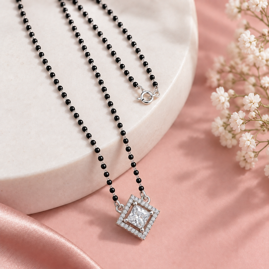 925 Sterling Silver CZ Diamond Cut Mangalsutra Necklace Elegant Black Beaded Pendant