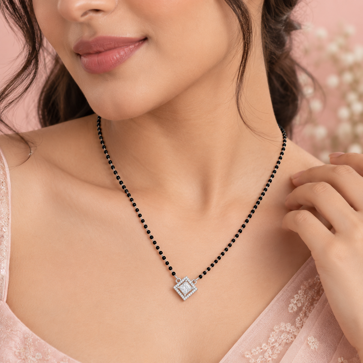 925 Sterling Silver CZ Diamond Cut Mangalsutra Necklace Elegant Black Beaded Pendant