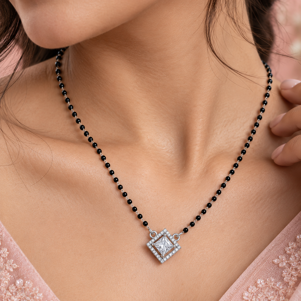 925 Sterling Silver CZ Diamond Cut Mangalsutra Necklace Elegant Black Beaded Pendant