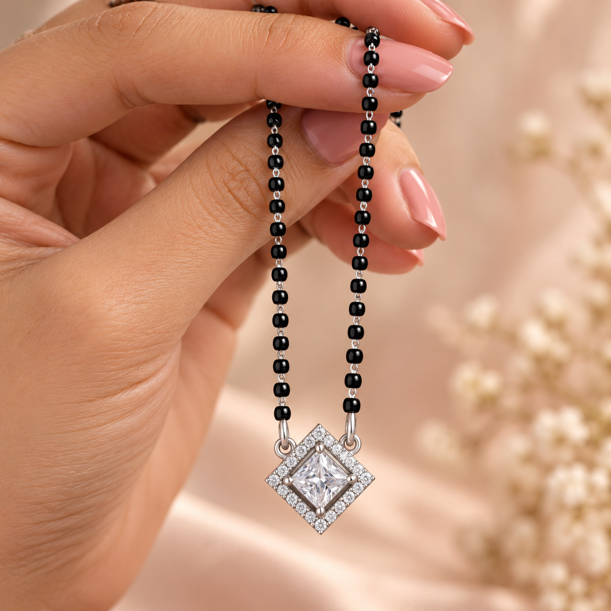 925 Sterling Silver CZ Diamond Cut Mangalsutra Necklace Elegant Black Beaded Pendant