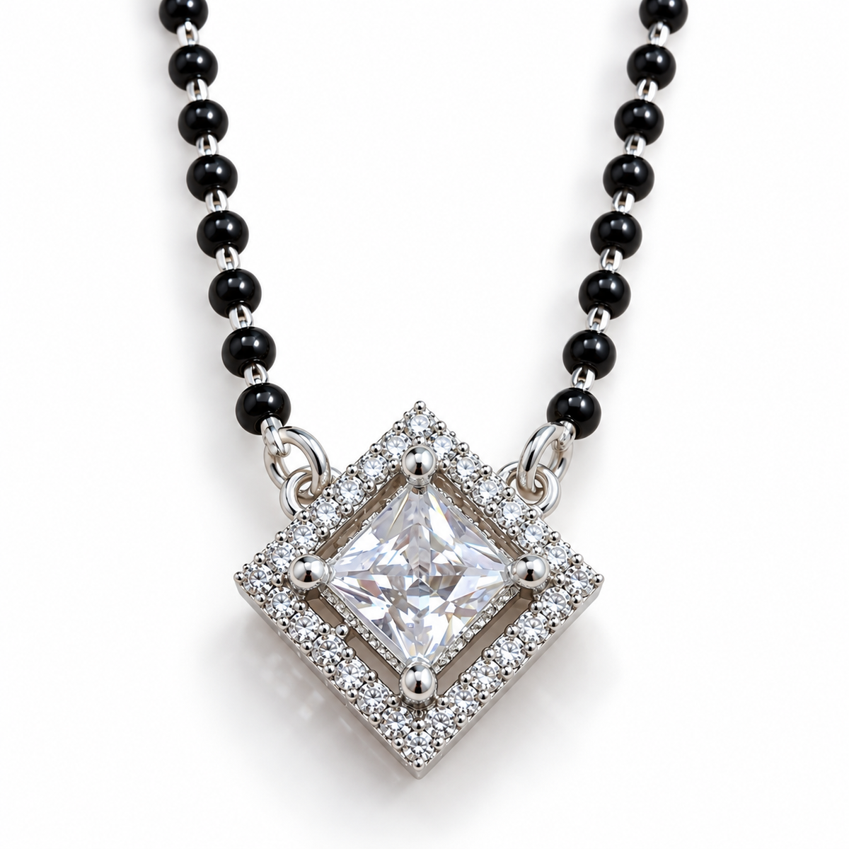 925 Sterling Silver CZ Diamond Cut Mangalsutra Necklace Elegant Black Beaded Pendant