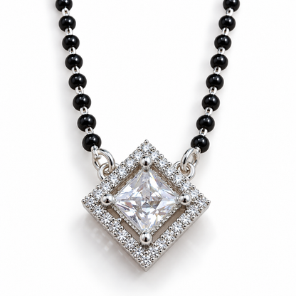 925 Sterling Silver CZ Diamond Cut Mangalsutra Necklace Elegant Black Beaded Pendant