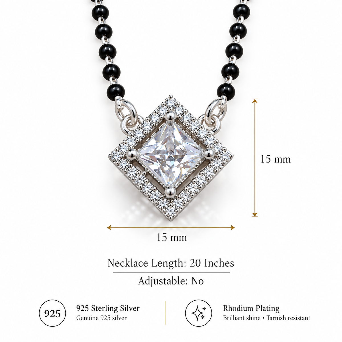 925 Sterling Silver CZ Diamond Cut Mangalsutra Necklace Elegant Black Beaded Pendant