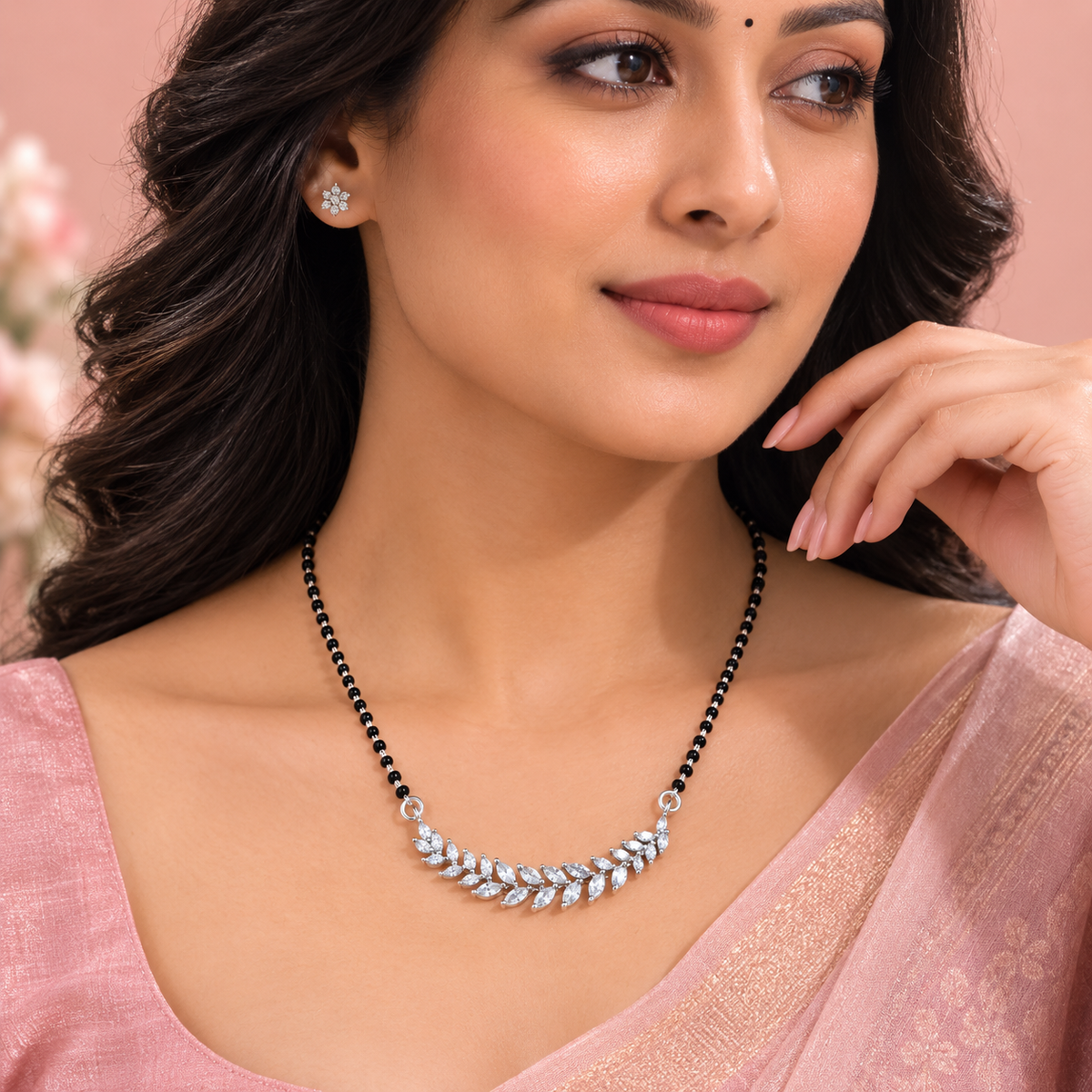 25 Sterling Silver CZ Leaf Mangalsutra Necklace Elegant Indian Bridal Jewellery