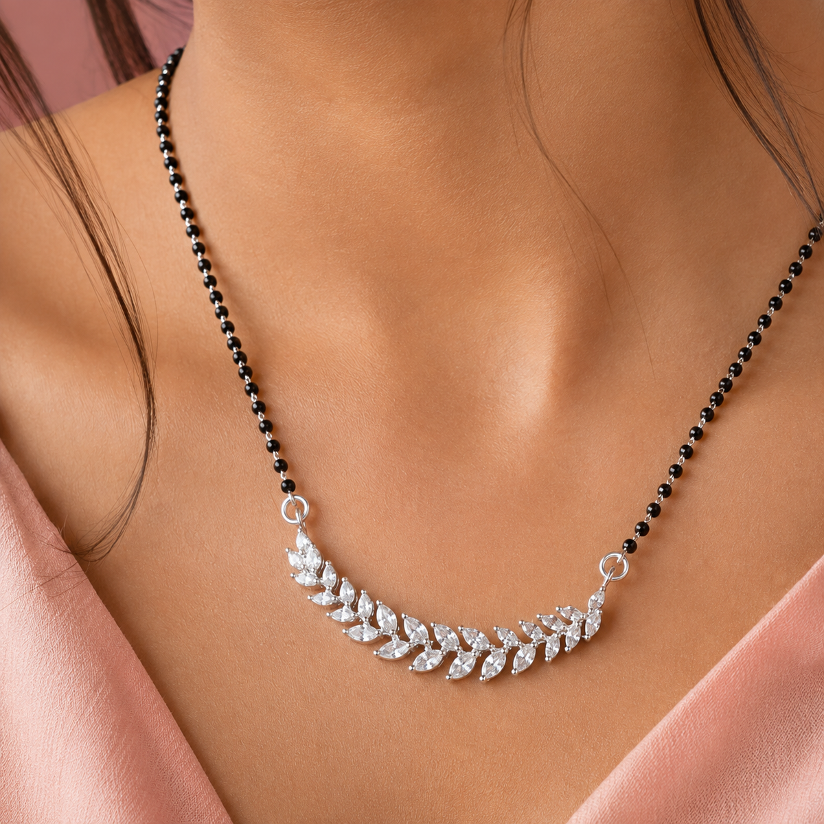 25 Sterling Silver CZ Leaf Mangalsutra Necklace Elegant Indian Bridal Jewellery