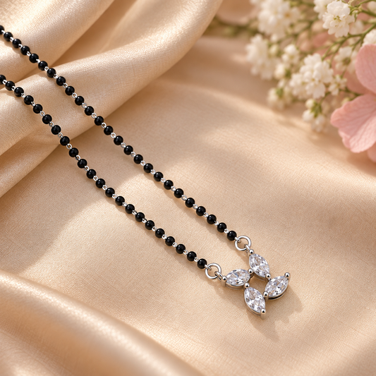 925 Sterling Silver CZ Mangalsutra Necklace Black Beaded Floral Marquise Pendant